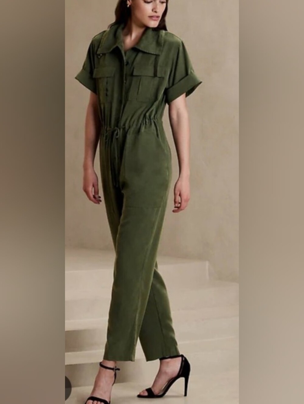 Banana Republic Olive Green Short-Sleeve Utility Jumpsuit